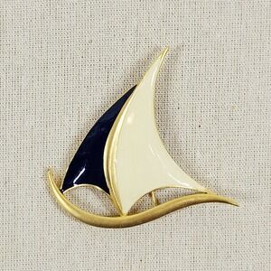 VTG Designer Abstract Enamel Sailboat Brooch Pin Navy Blue Estate Jewelry